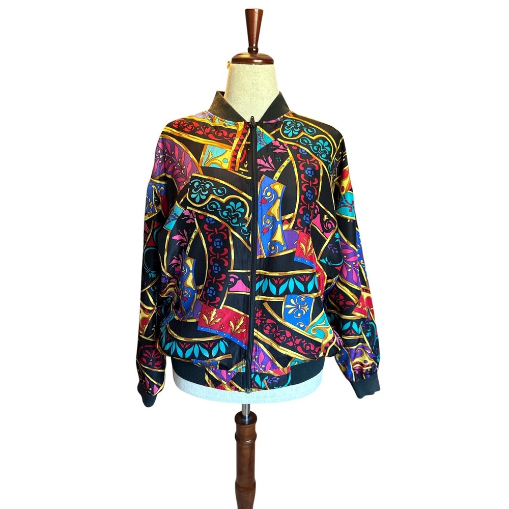 Vintage 80s Silk Satin Bomber Jacket | Abstract Baroque Print | OSFM - Picture 2 of 12